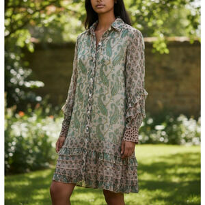 Miss June Paris Tiered Ruffle Metallic Shirt Dress One Size Sheer Button Up Boho